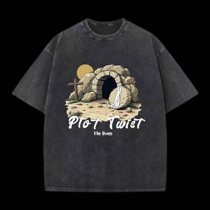 Plot Twist He lives Christian Washed T-Shirt