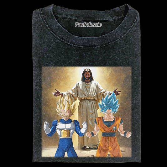 THE JESUS AND VEGETA WASHED T-SHEIRT