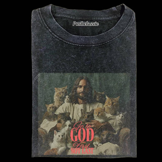 THE JESUS AND CAT FUNNY WASHED T-SHIRT